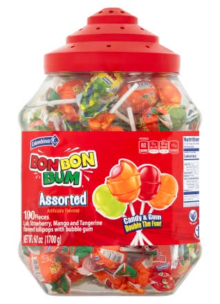 Colombina Bon Bon Bum Assorted Candy & Gum, Lulo; Strawberry; Mango; Tangerine (60 oz, 100 ct)