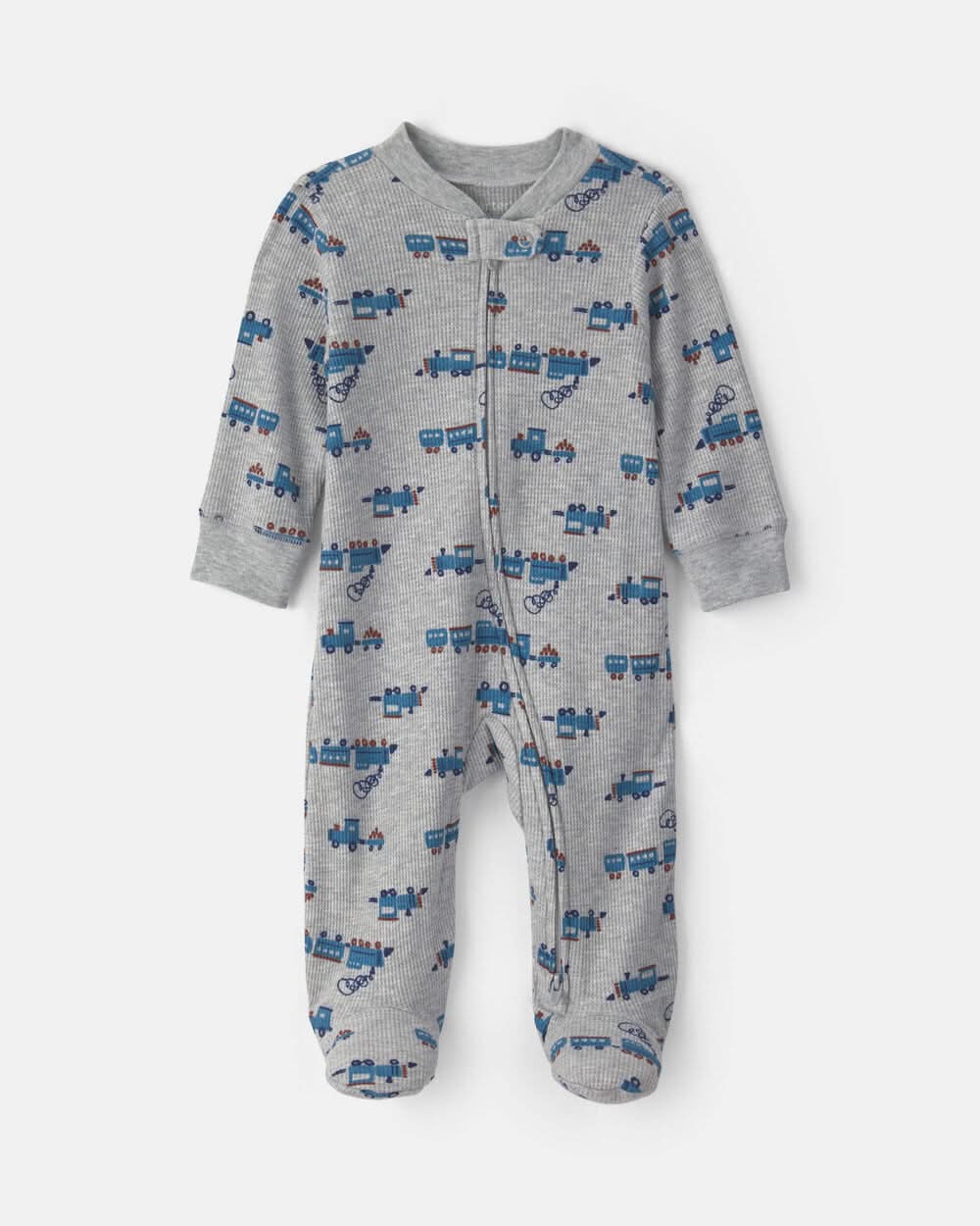 Baby Boy Train Cotton 2-Way Zip Thermal Sleep & Play Pajamas - Grey - 9M