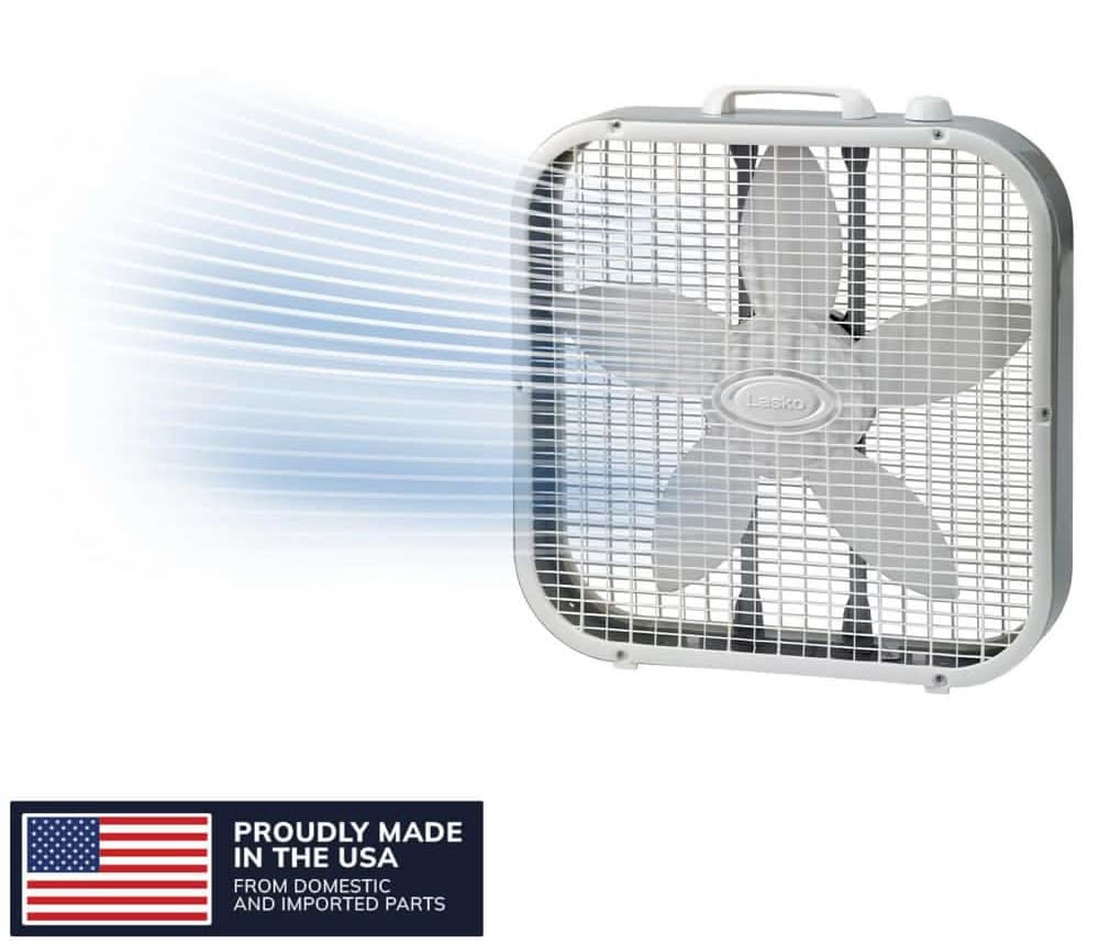 Lasko 20 In. 3 Speed Air Circulating Box Fan For Home In White With Save Smart Technology, 1820 Cfm And Carry Handle