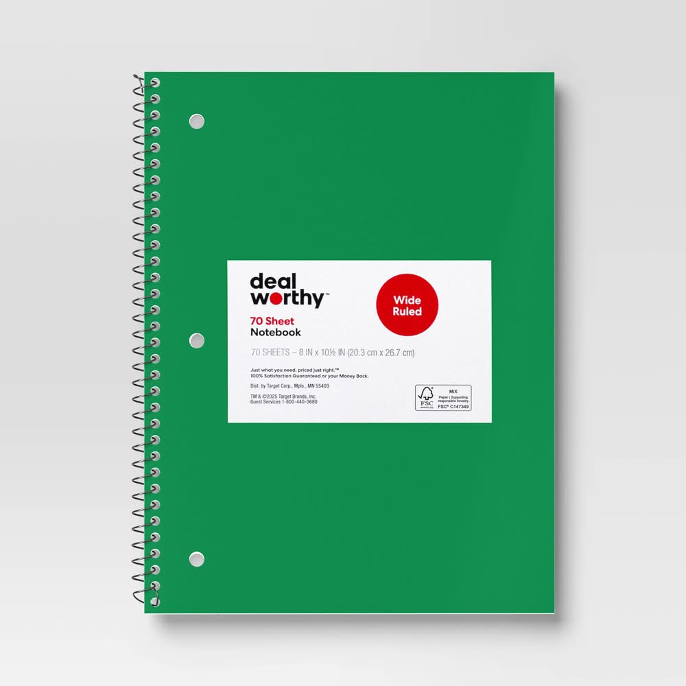 Dealworthy Subject Spiral Wide Ruled Notebook, Green
