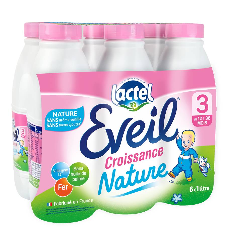 Lactel - Eveil lait nature sans arôme vanille, de 10 à 36 mois (6 pièces, 1L)