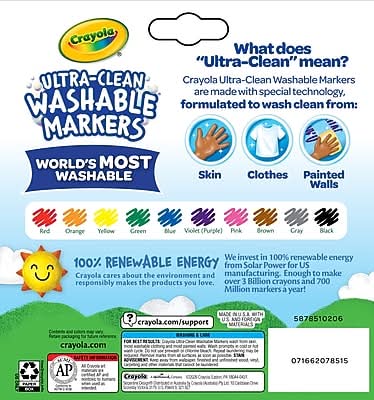 Crayola Ultra-Clean Washable Markers, Broad, Assorted Colors, 10/Pack (58-7851)