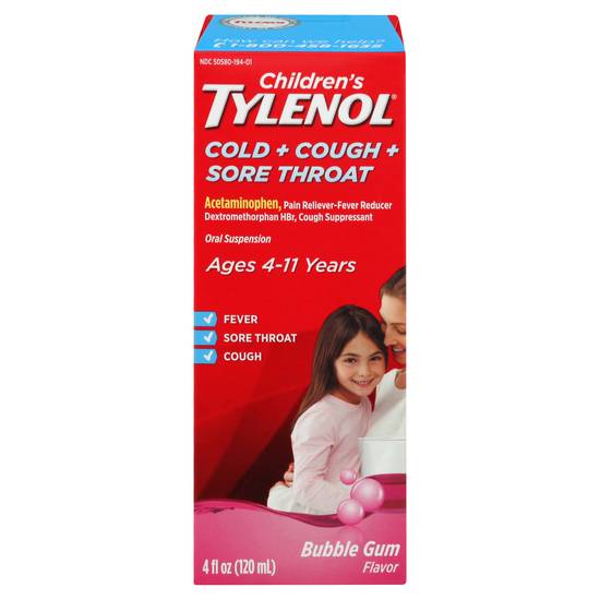 Children's Tylenol Bubble Gum Cold + Cough + Sore Throat 4-11 Years Oral Suspension