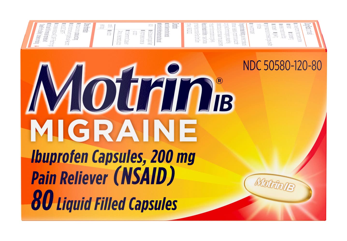 Motrin IB Migraine Ibuprofen 200 mg Pain Reliever Capsules (3.4 oz)