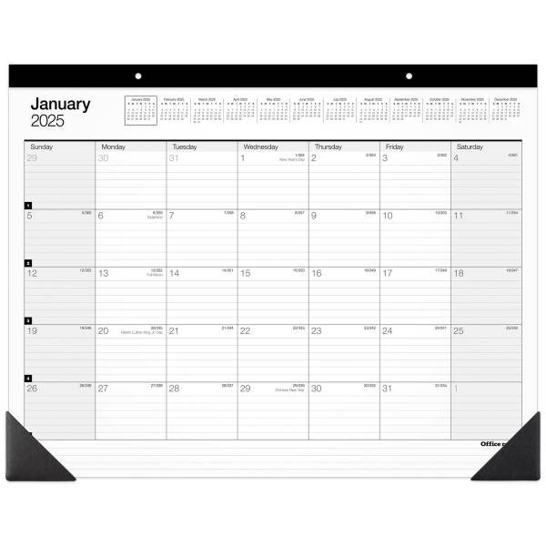 Office Depot Traditional 2025 Year Desk Pad Monthly Calendar, 21-3/4" x 17", White