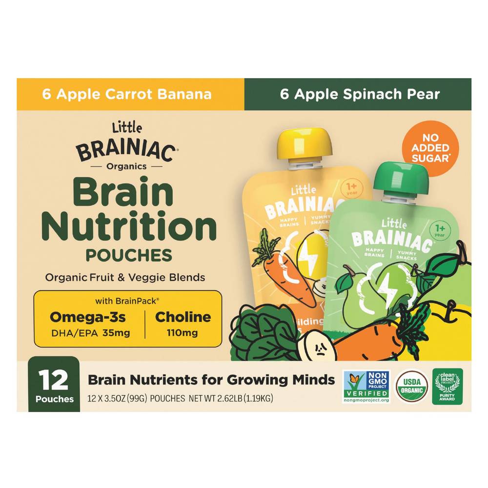 Little Brainiac Organic Brain Nutrition Fruit & Veggie Blends Apple Carrot Banana Pouches Baby Food (12 ct, 3.5 oz)