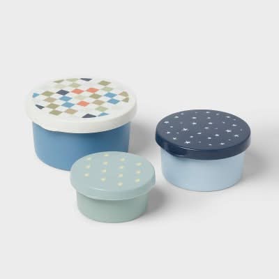 Pillowfort Kids' Checkered Single Wall Stainless Steel Round Snack Boxes, Blue (3 ct)