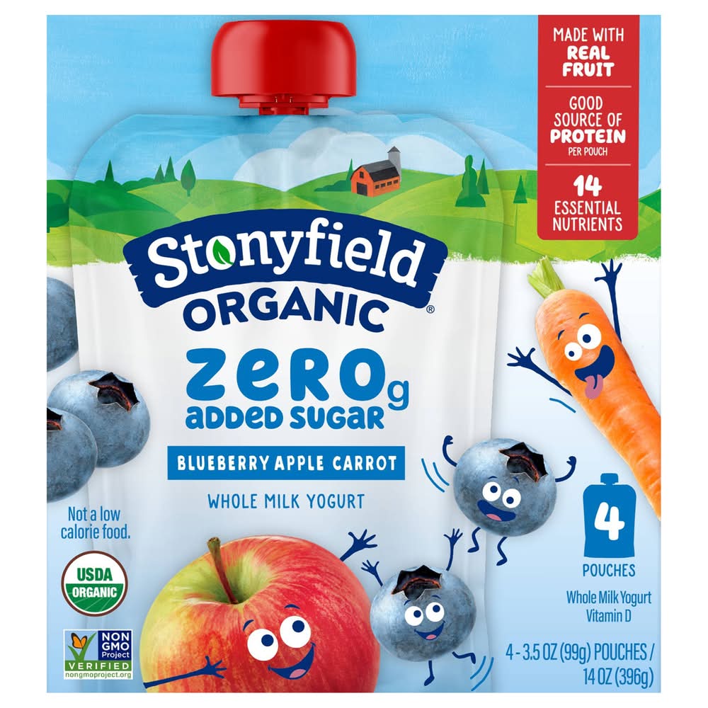 Stonyfield Organic Organic Zero Added Sugar Whole Milk Yogurt, Blueberry Apple Carrot (4 x 3.5 oz)