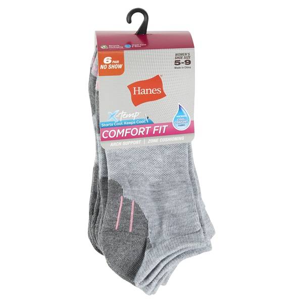 Hanes Women's Cool Comfort No-Show Socks, Assorted Grays, 6 Pack, Size 5-9