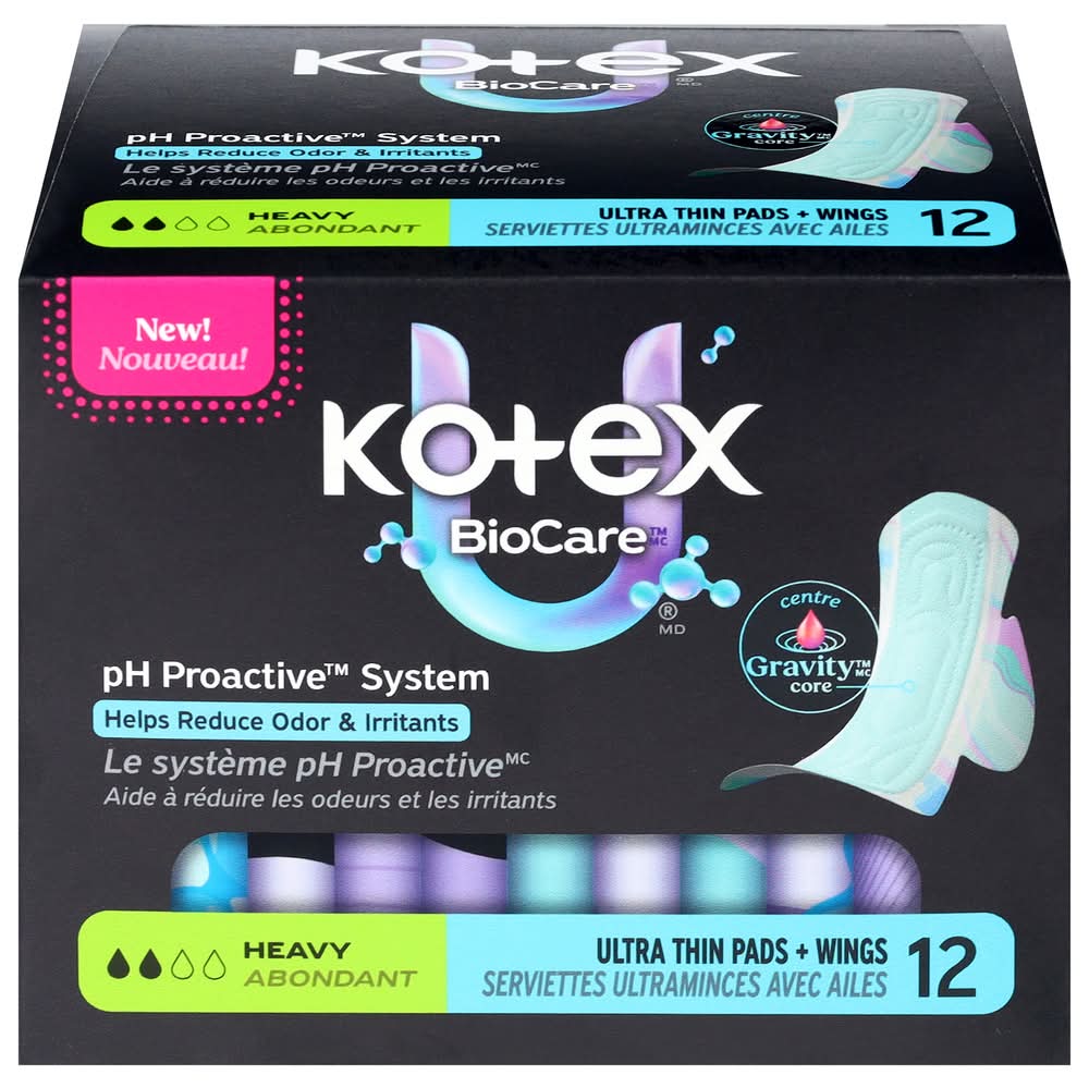 Kotex Biocare Ultra Thin Heavy Absorbency Pads + Wings (12 ct)