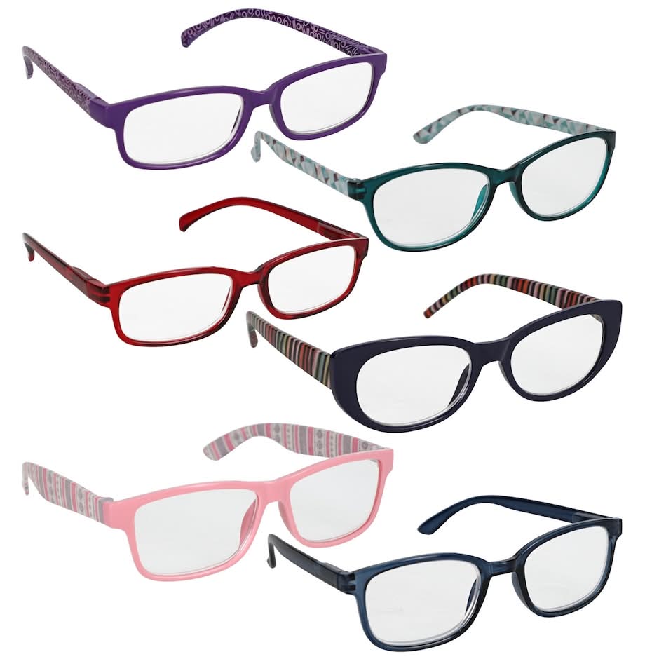 Fashion Wide Frame Reading Glasses 2.00 Strength, Assorted (6 ct)