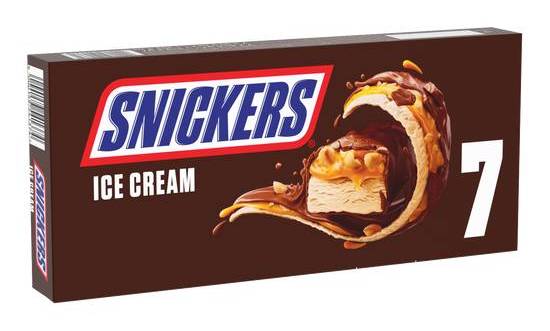 Snickers glace, cacahuètes (12%) et caramel fondant (16%) dans un enrobage cacao (27%) 7 barres 352.1ml 319.2g