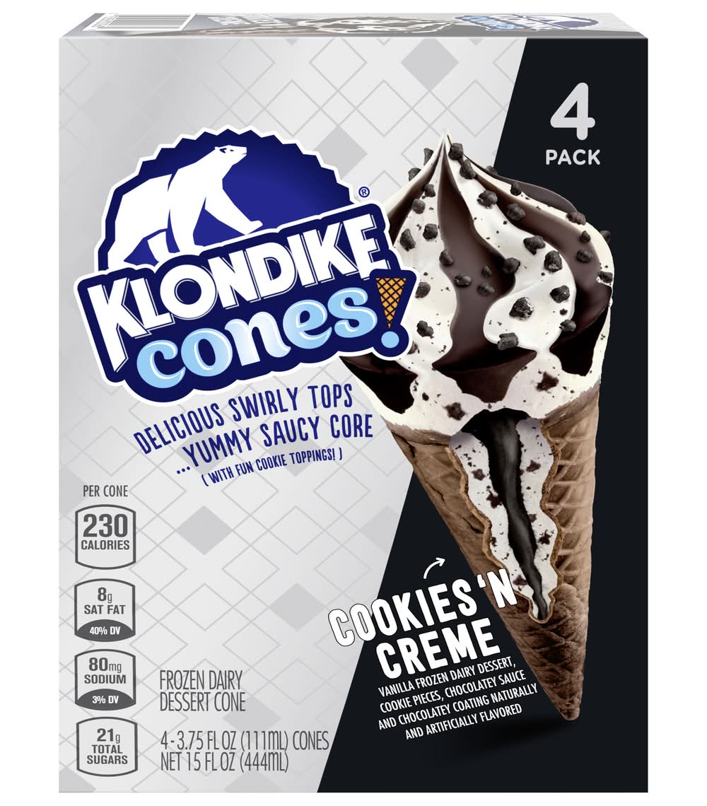 Klondike Frozen Dairy Dessert Cones, Cookies N Cream (4 x 3.75 fl oz)