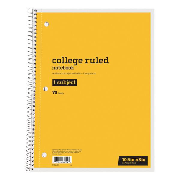Just Basics Spiral Notebook, 8" X 10-1/2", 1 Subject, College Ruled, 70 Sheets, Yellow