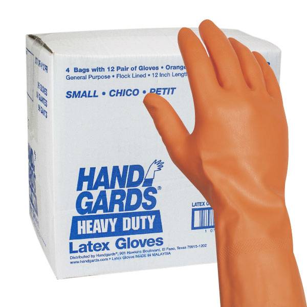 Handgards Heavy Duty Reusable Latex Gloves, Small, Orange (4 ct)