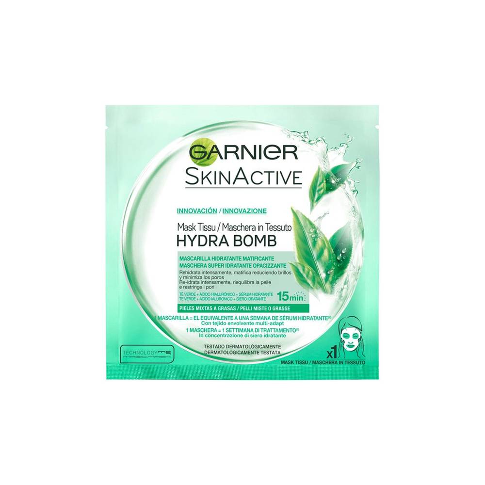 Mascarilla de tela Hydra Bomb hidratante matificante con ácido hialurónico y té verde GARNIER Skin Active