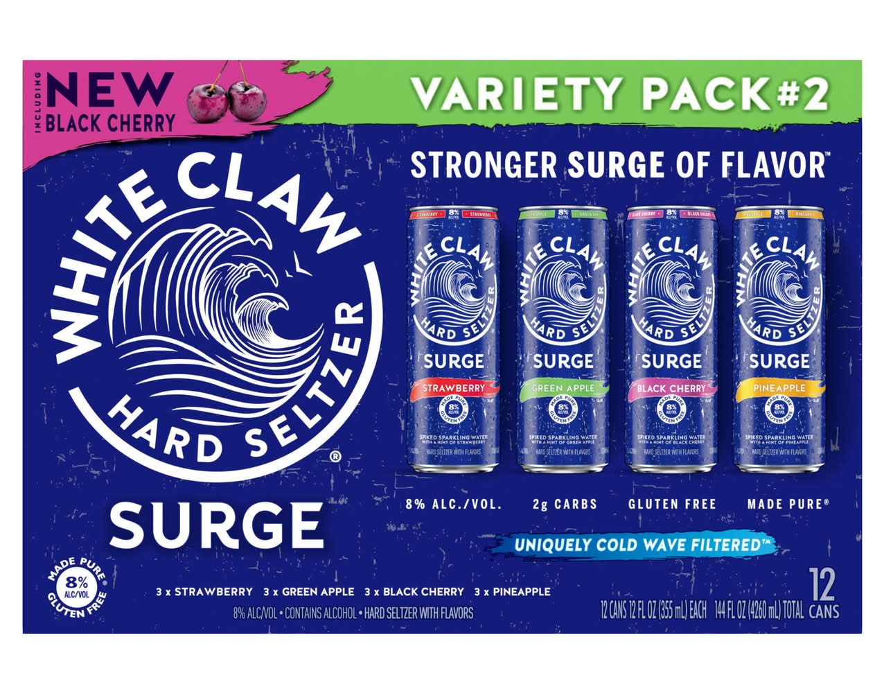 White Claw Gluten Free Surge Hard Seltzer Variety pack, Strawberry-Green Apple-Black Cherry-Pineapple (12 x 12 fl oz)
