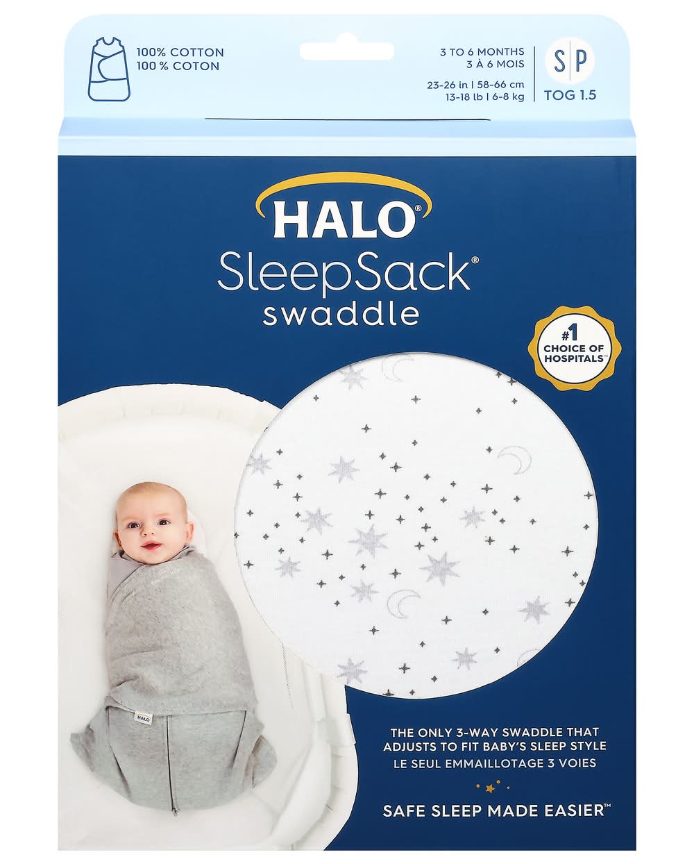 Halo Sleepsack Cotton Print Midnight Moon Swaddle, 3 To 6 Months-Small, Gray