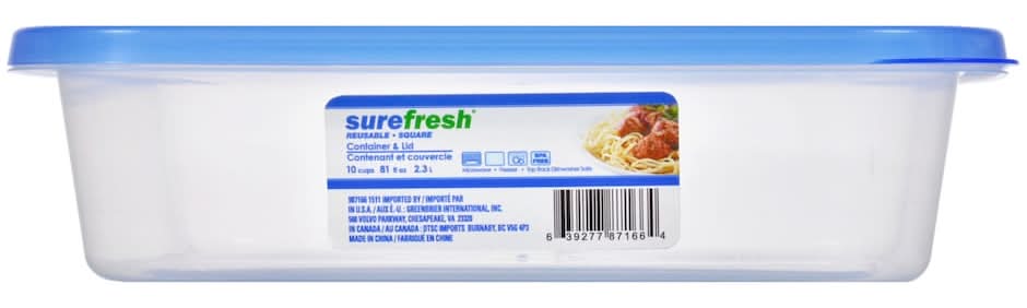 Surefresh Reusable Plastic Container & Lid 2.3 L, 10x10x2.5 in