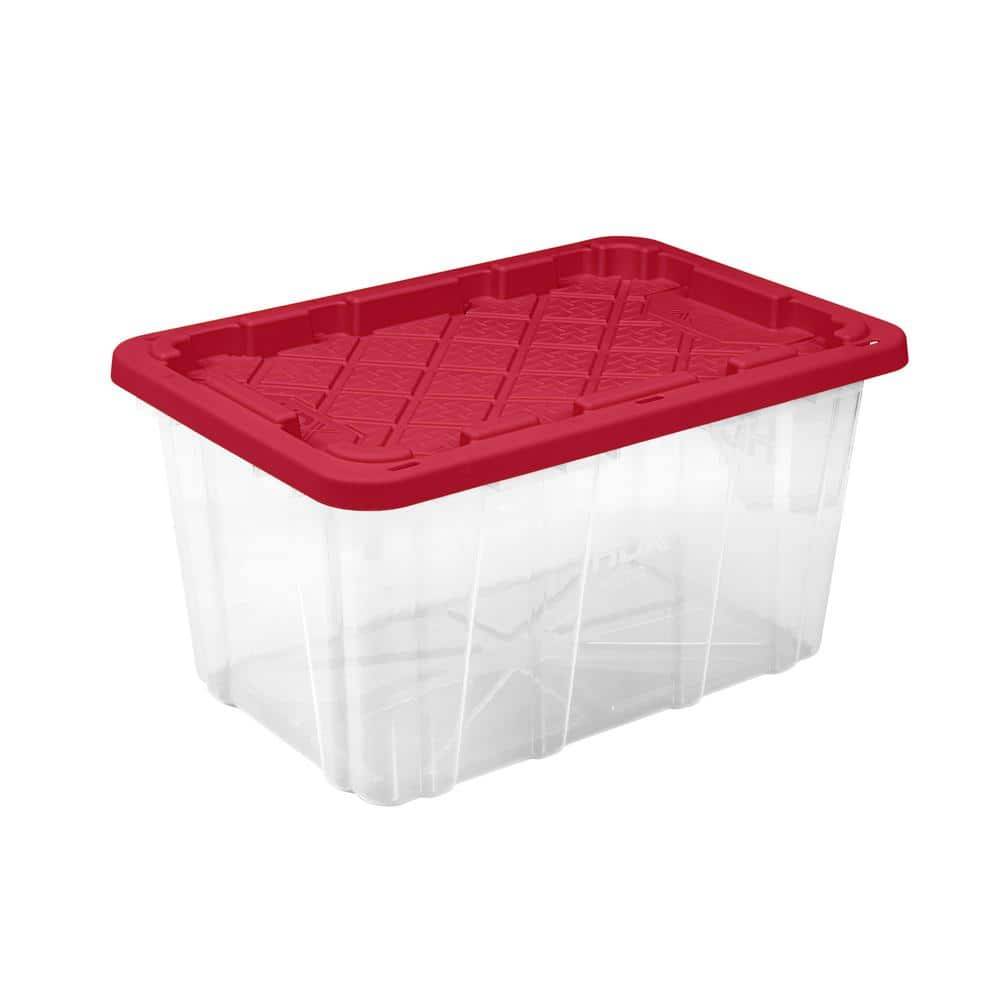 Hdx 27 Gal. Tough Storage Tote In Clear With Red Lid