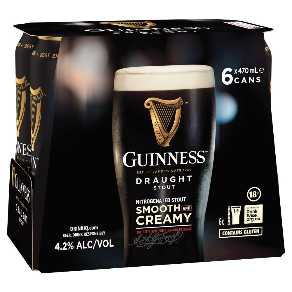 Guinness Smooth & Creamy Draught Stout Beer (6 x 470mL)