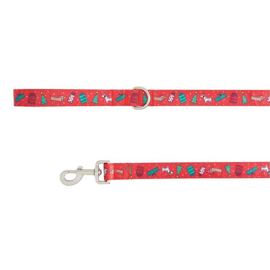 Merry & Bright™ Holiday Puppy and Presents Print Dog Leash: 4-ft long (Color: Red, Size: 4 Ft)