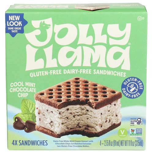 Jolly Llama Dairy-Free Gluten-Free Cool Mint Chocolate Chip Ice Cream Sandwiches 4 Pack