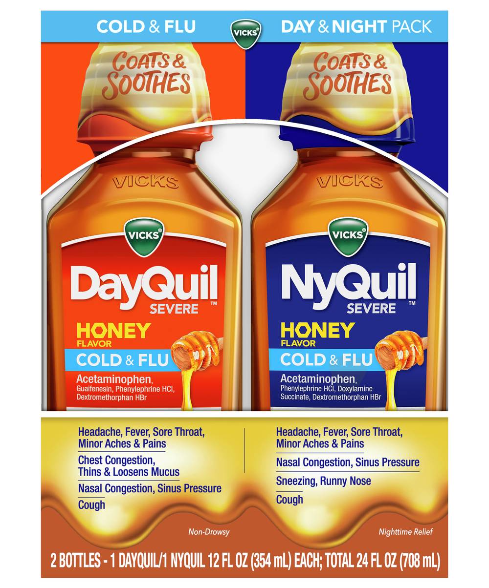 Vicks Dayquil & Nyquil Severe Maximum Strength Cold & Flu Relief Liquid, Honey (2 x 12 fl oz)