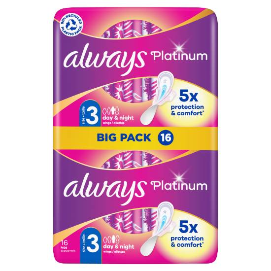 Always Platinum Day & Night Pads Wings Sanitary Towels Size 3 (16 ct)
