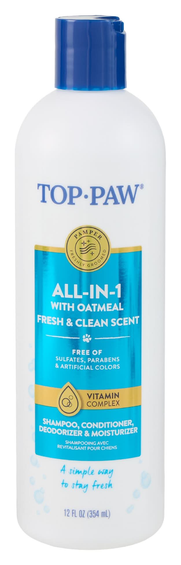 Top Paw® All-In-1 Dog Shampoo, Conditioner, Deodorize, Moisturize with Oatmeal - Fresh & Clean 12 oz (Size: 12 Fl Oz)