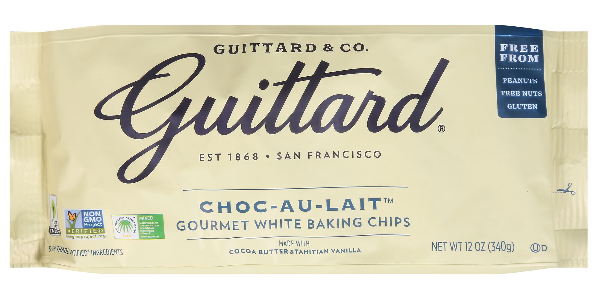 Guittard Gourmet Choc-Au-Lait White Baking Chips, Cocoa Butter, Tahitian Vanilla (12 oz)