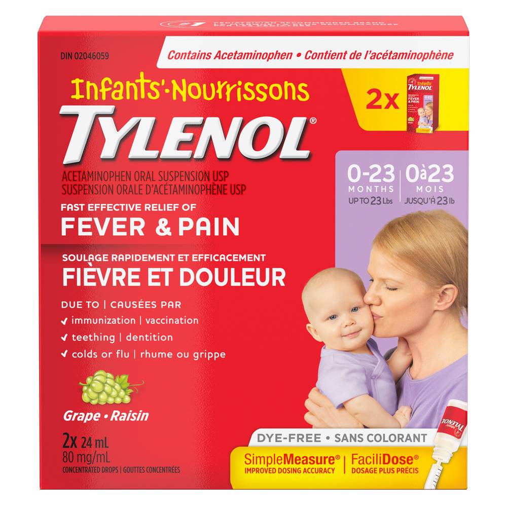 Infant'S Tylenol Pain Reliever Grape Drops - 24Ml, 2-Pack