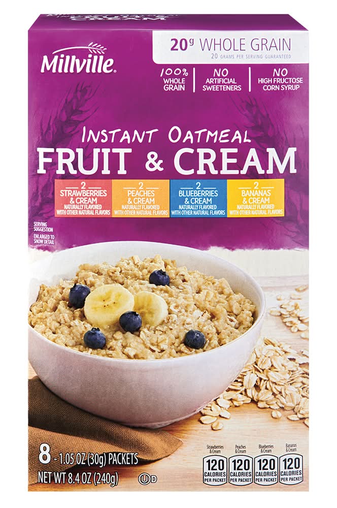 Millville Fruit & Cream Instant Oatmeal Variety pack, Assorted (8 x 1.05 oz)