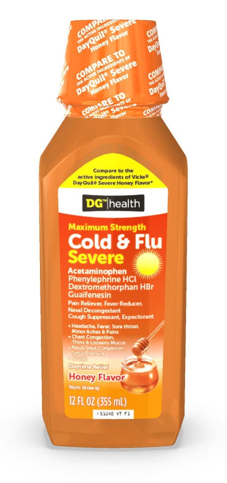 DG Health Maximum Strength Cold & Flu Severe Day Time Relief, Honey (12 fl oz)