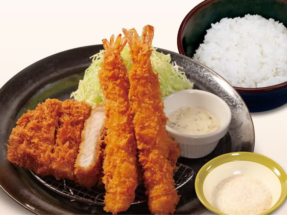 国産雪国育ちロースかつ＆海老フライ（2尾）定食