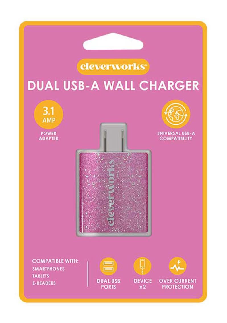 Cleverworks Usb-A Wall Dual Port Pink Glitter