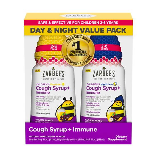 Zarbee's Kids Cough + Immune Day/Night for Age 2-6 with Honey, Vitamin D & Zinc, Mix Berry, 2x4 fl oz