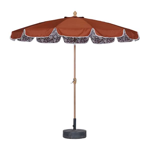 Mahogany Folk Floral Crank & Tilt Round Patio Umbrella with Faux Wooden Pole, 9'