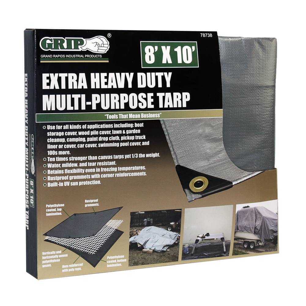 Grip-on Tools 8-ft x 10-ft Gray Water Resistant Standard Polyethylene 14-mil Tarp | 78738