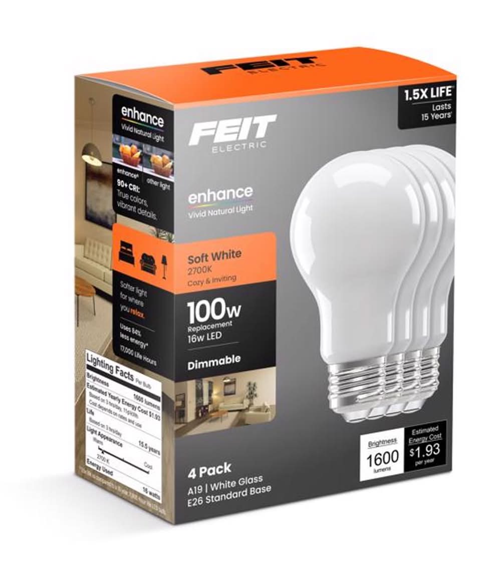 Feit Electric A19 E26 (Medium) Led Bulb Soft White 100 Watt Equivalence 4 Pk