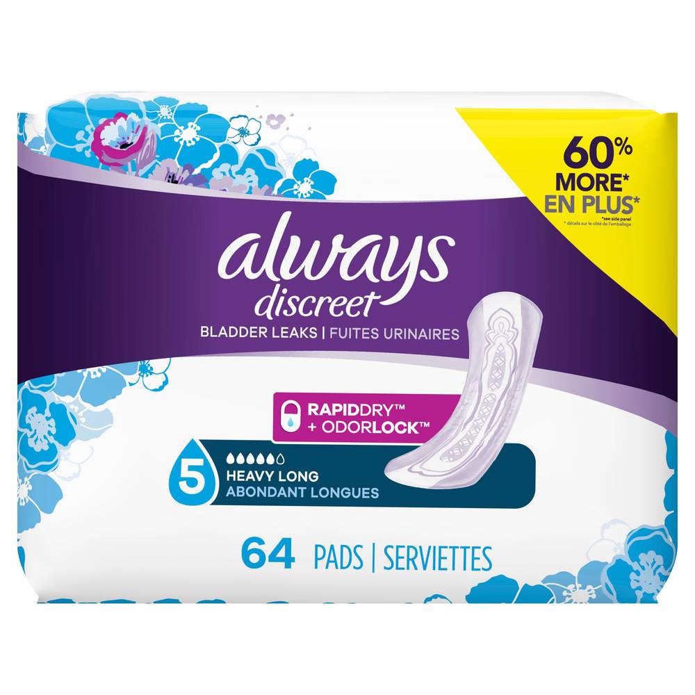 Always Discreet Incontinence Pads 5 Drop Heavy, Long, 64 CT