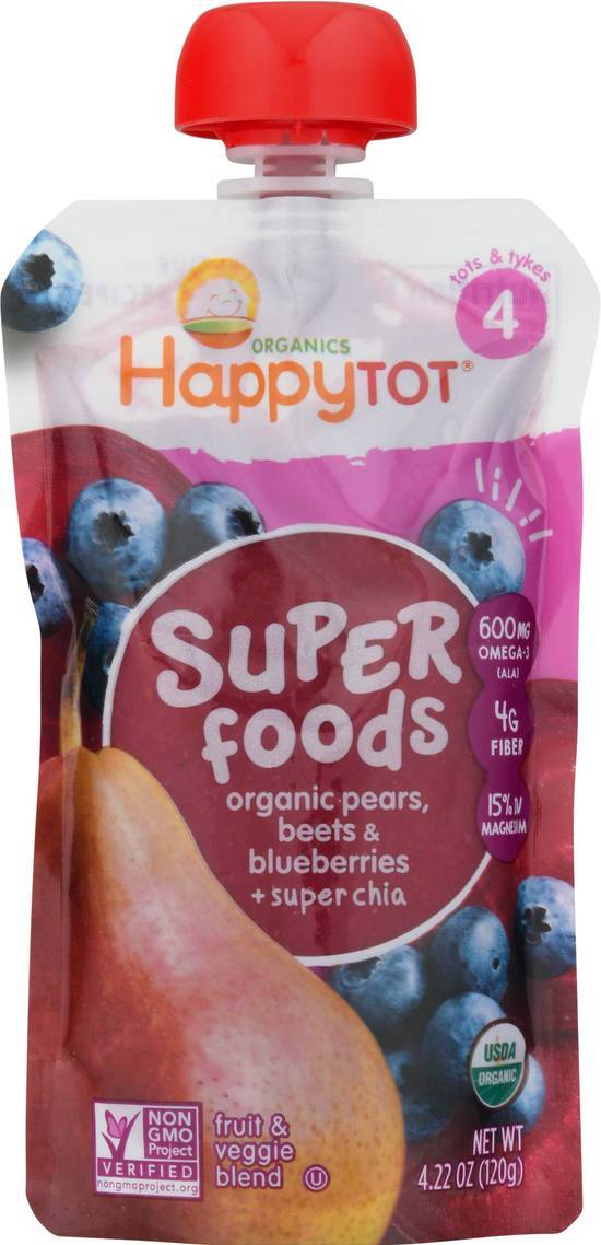 Happy Tot Organics Super Foods Pears Beets & Blueberries With Chia Fruit & Veggie Blend Toddler