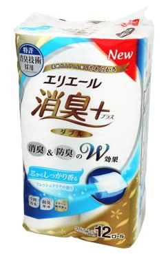 エリエール 消臭+ トイレットティシュー ダブル - 芯からしっかり香る フレッシュクリアの香り, 幅114mm×長さ25m (12 入)