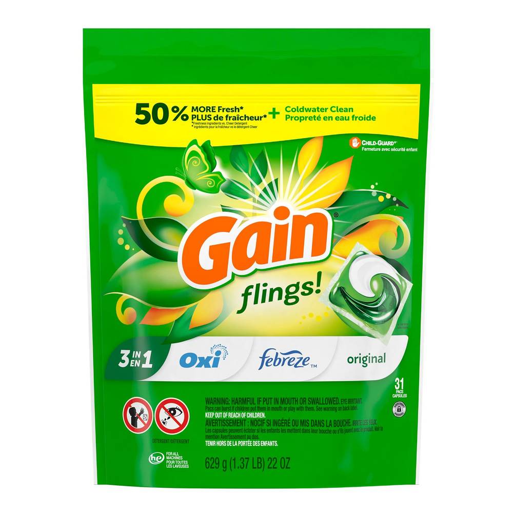 Gain Flings! 3-In-1 Laundry Detergent Pacs + Aroma Boost, 31 Ct