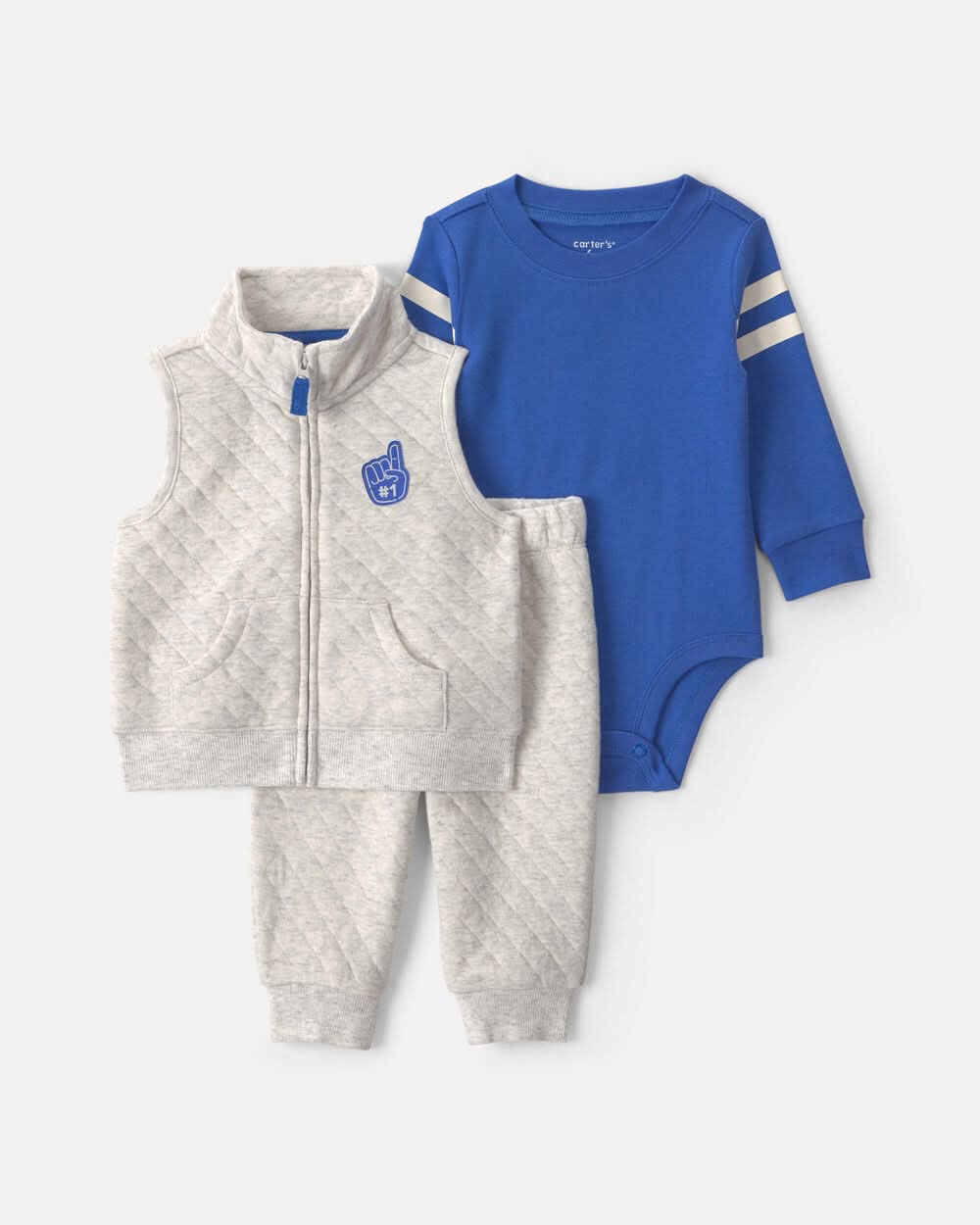 Baby Boy 3-Piece Varsity Quilted Layering Set - Grey/Blue - NB
