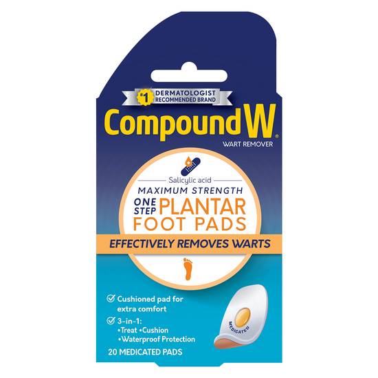 Compound W Wart Remover, Maximum Strength One Step Plantar Medicated Foot Pads, 20 CT