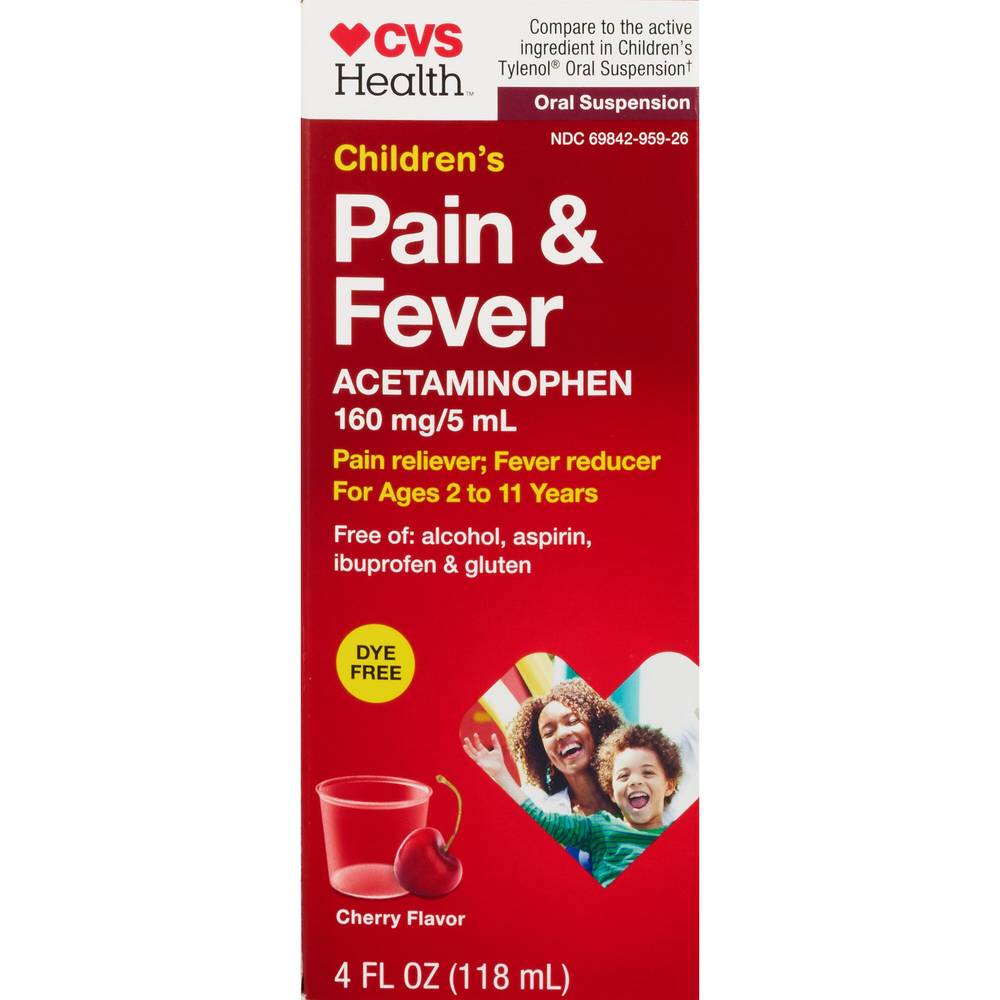 Cvs Health Children'S Acetaminophen Dye Free Pain Reliever & Fever Reducer Oral Suspension, Cherry, 4 Fl Oz