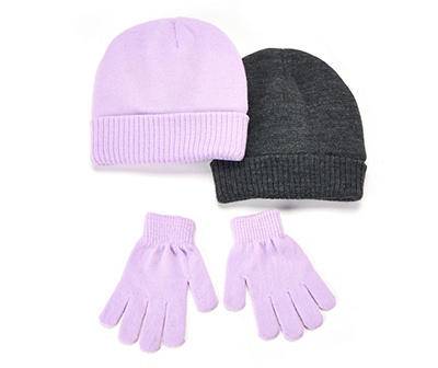 Kids' Beanie & Gloves Set (charcoal and lavender)