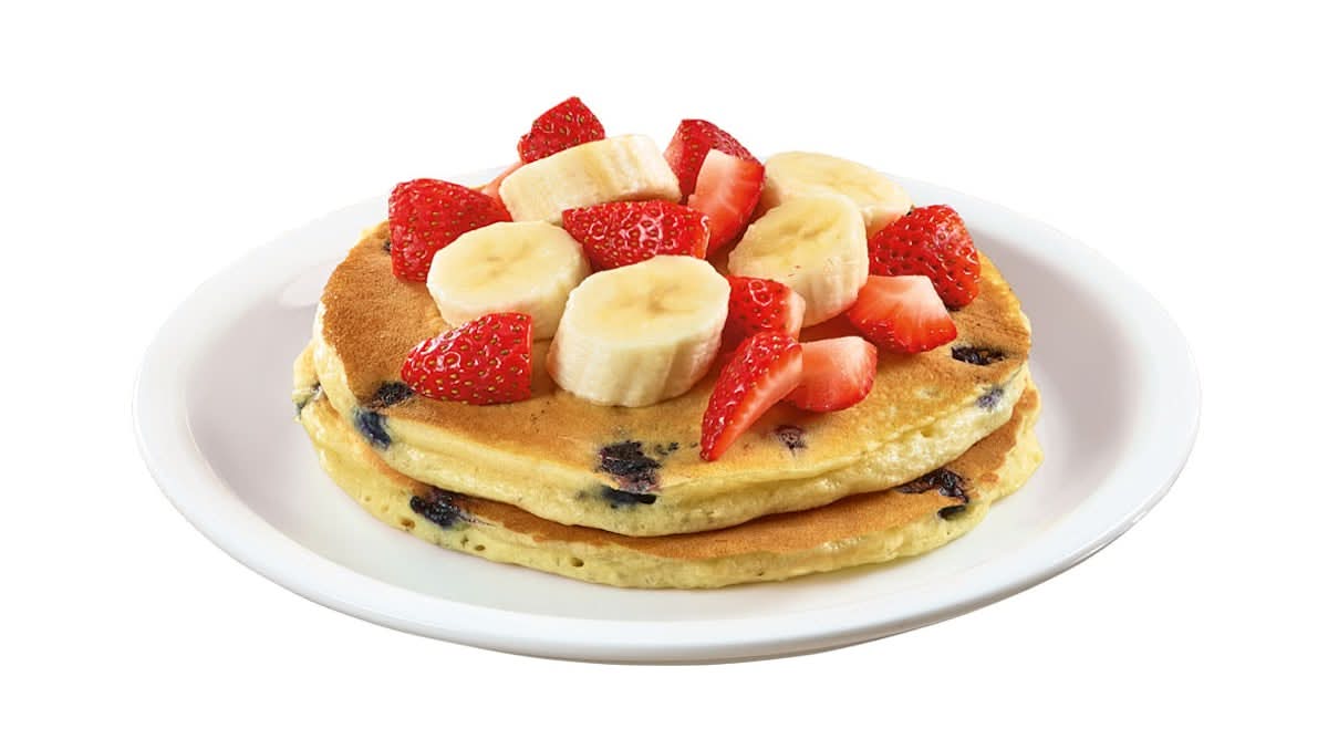 Stack of Double Berry Banana Strawberry Pancakes