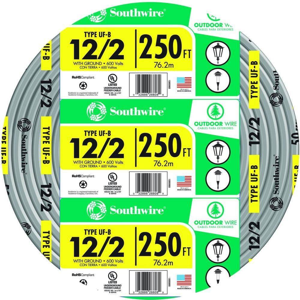 Southwire 250 Ft. 12/2 Gray Solid Cu Uf-B W/G Wire